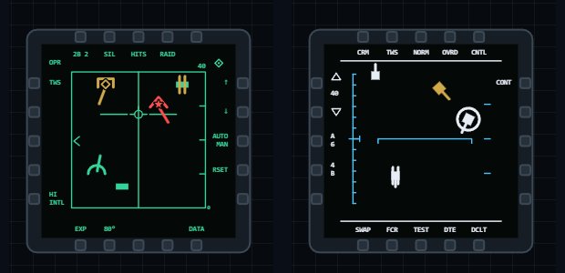 Écran RDR ATTK du F/A-18C et écran FCR du F-16C en TWS, avec leurs pistes
