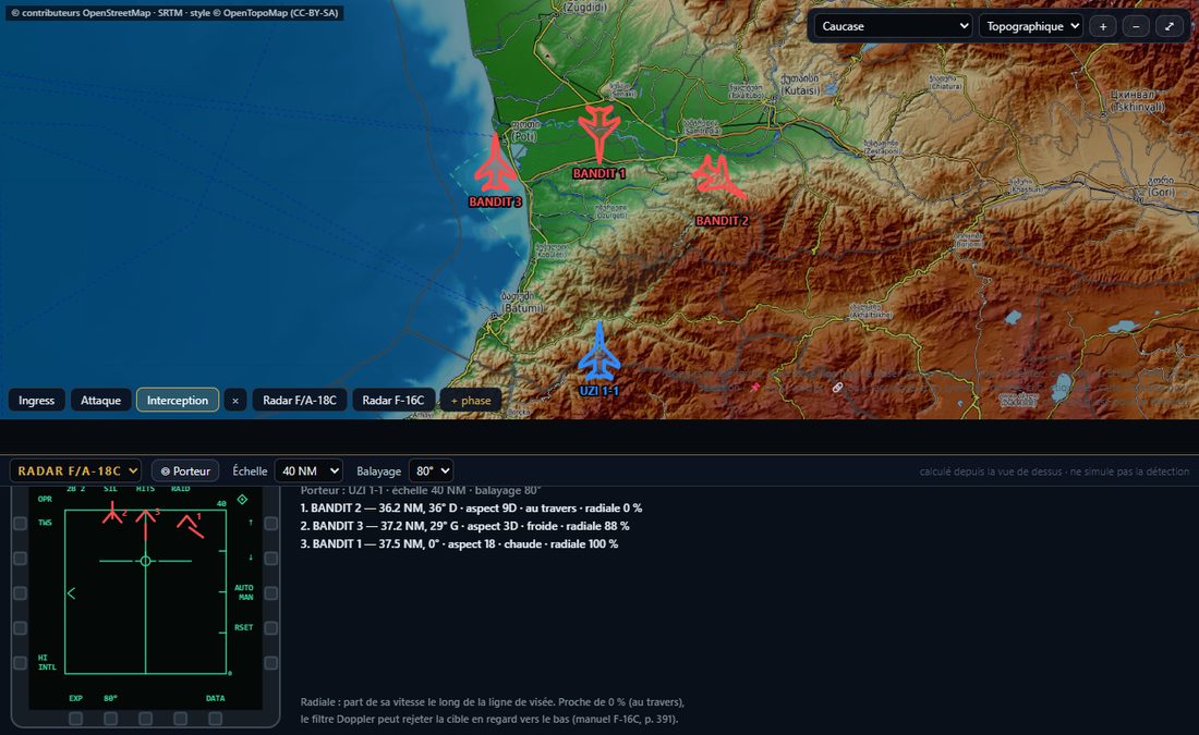 Interception : trois bandits sur la carte et leur position sur l'écran radar du F/A-18C, calculée depuis la vue de dessus