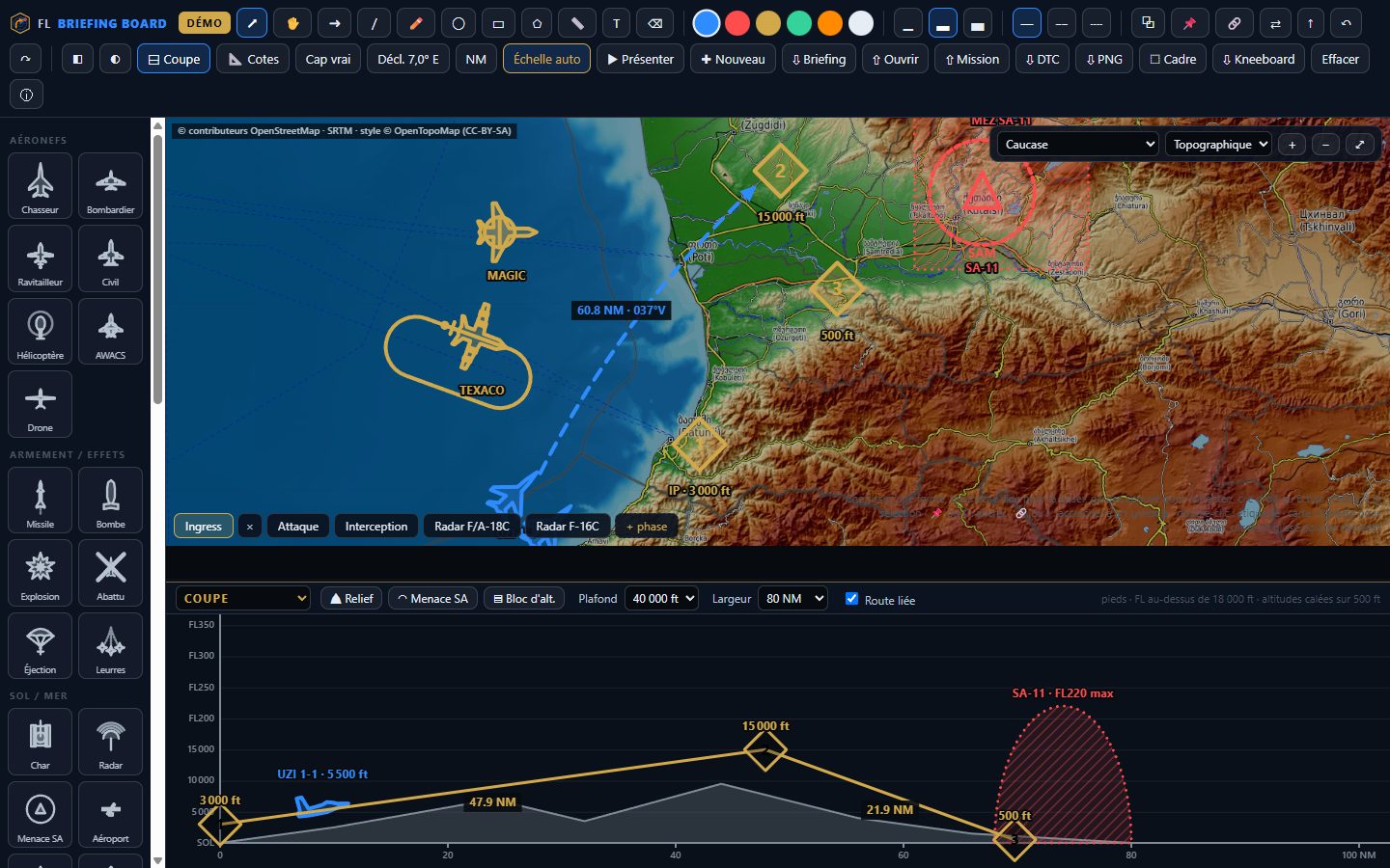 Le tableau : route d'une frappe au Caucase sur carte topographique, ravitailleur sur son hippodrome, menace SA-11, et la coupe d'altitude de la route en dessous